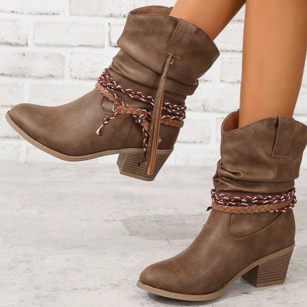 Brown Ankle Boots with Braided Detail - Picture 1 of 14